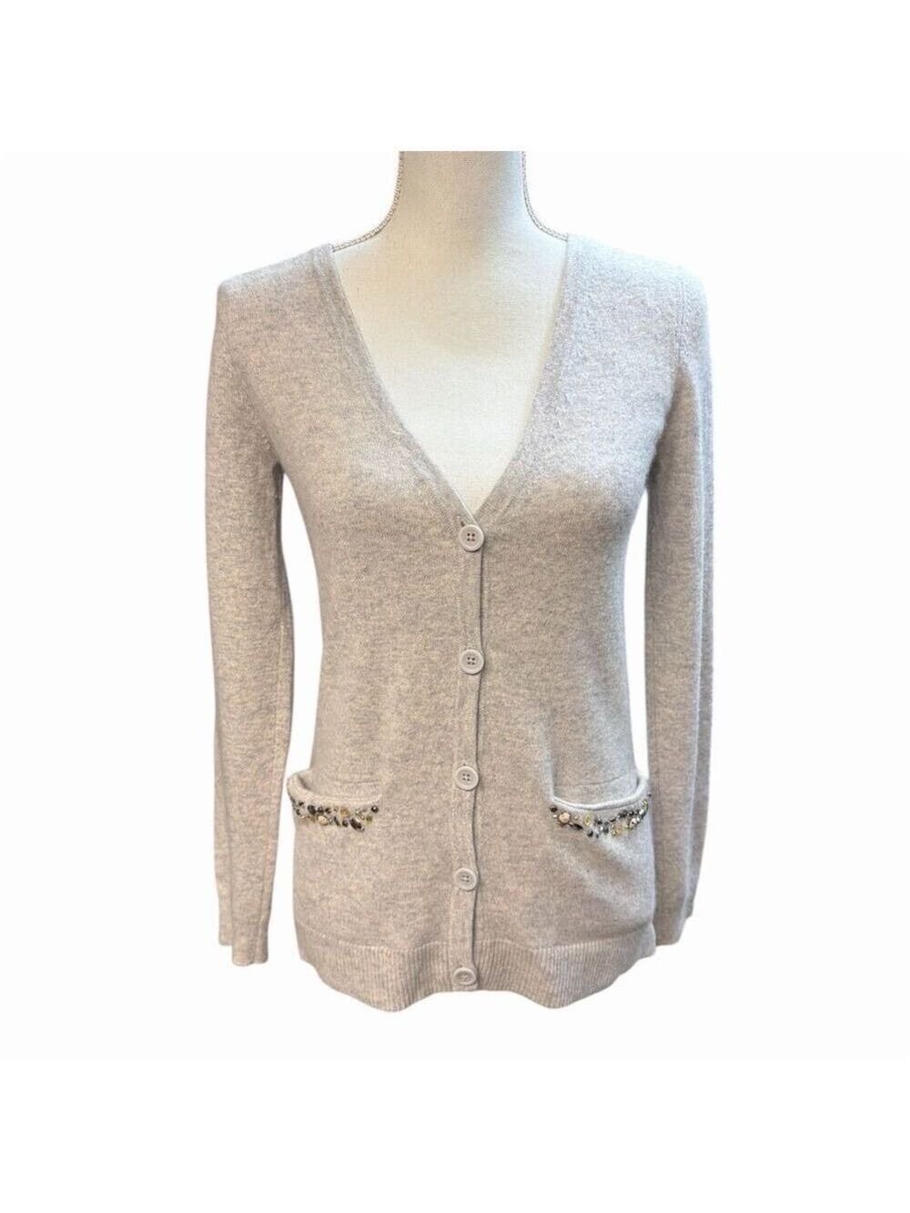 Garnet Hill Women's XS Beige Cashmere Embellished Cardigan Sweater
